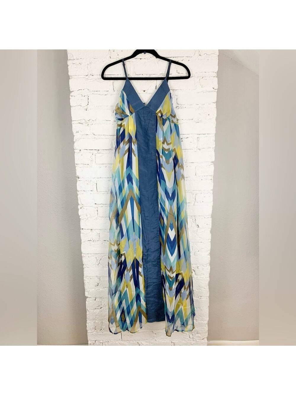 Isabel Lu Silk Printed Blue Chevron Maxi Dress Medium